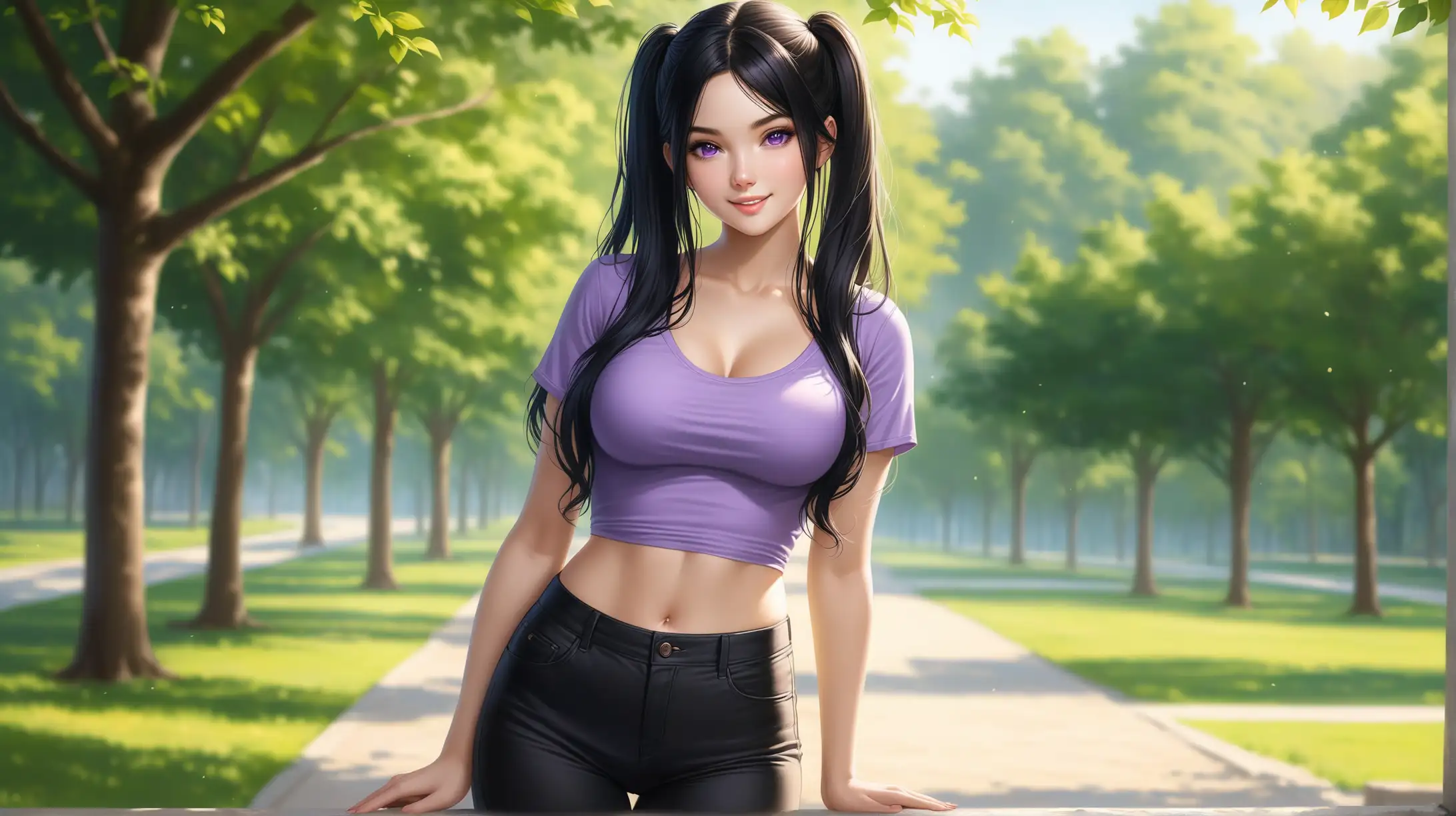 Seductive Woman with Long Black Hair and Purple Eyes Outdoors