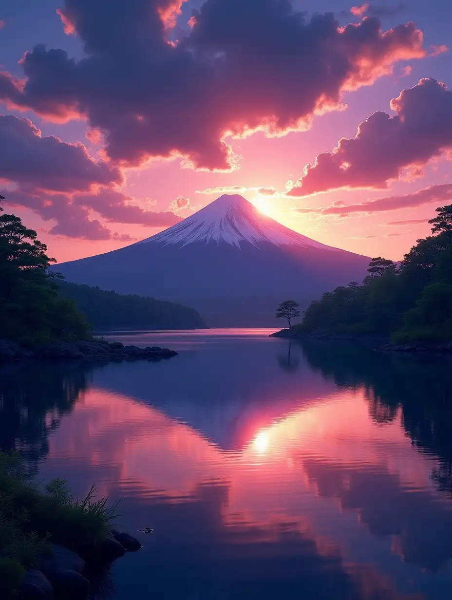 A stunning, high-resolution depiction of Mount Fuji during the transition from night to dawn in summer. The scene captures the vibrant hues of a summer sunrise, with deep purples blending into soft oranges and golds as the sun begins to rise above the horizon. The iconic, snow-capped peak of Mount Fuji is framed by lush green summer foliage, reflecting the season’s vitality. A clear, tranquil lake at the mountain’s base mirrors the brilliant colors of the sky and the silhouette of Mount Fuji, creating a perfectly symmetrical and serene composition. The atmosphere is crisp and peaceful, evoking the quiet beauty of nature’s awakening.