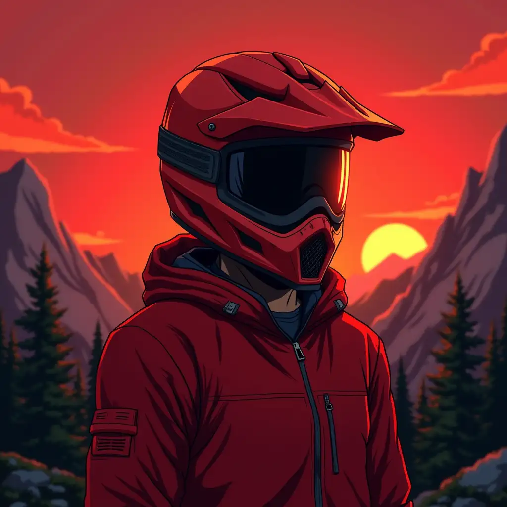 Male-Anime-Character-in-Forest-at-Sunset-with-Red-Rampage-Helmet-and-Suit