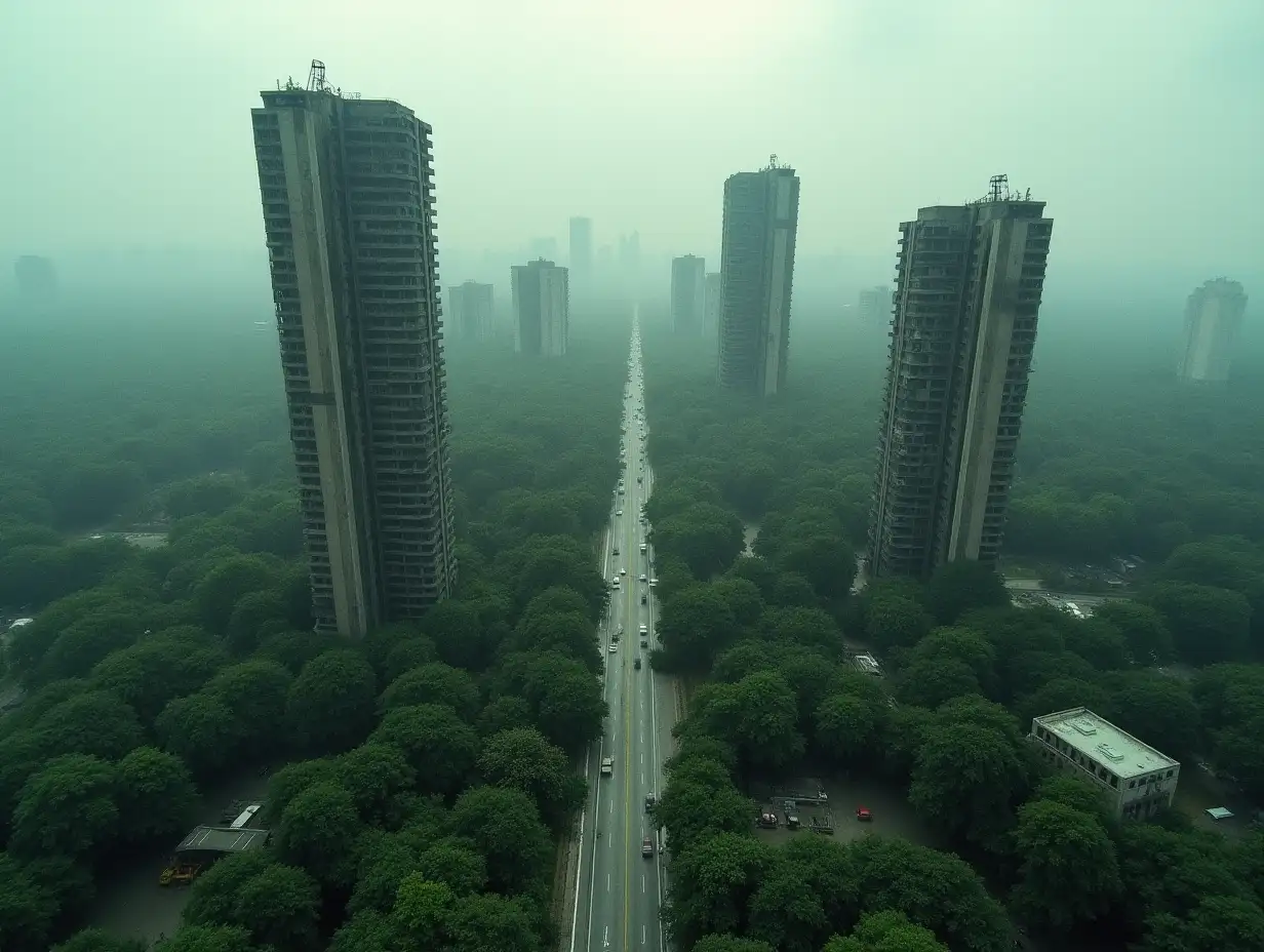 Aerial view of overgrown abandoned city. Ruined skyscrapers in post apocalyptic cityscape. Dystopian urban landscape. War aftermath concept, apocalypse.