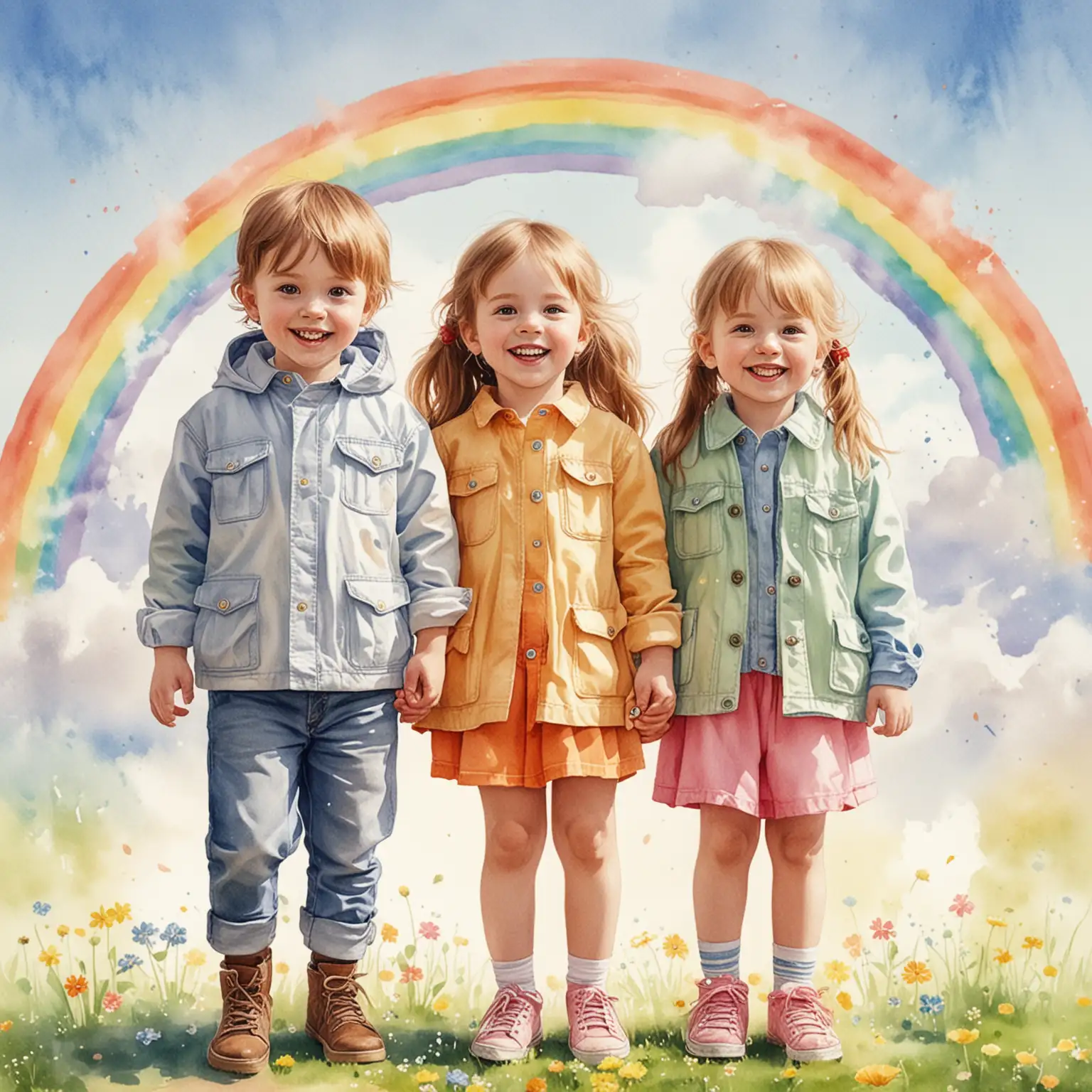 Children Enjoying Spring Weather with Rainbow and Sun Watercolor Illustration