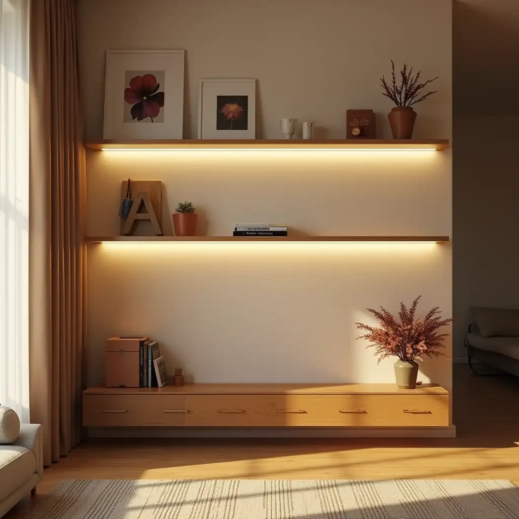 warm living room interior, wall with hanging shelf, white led strip under shelf