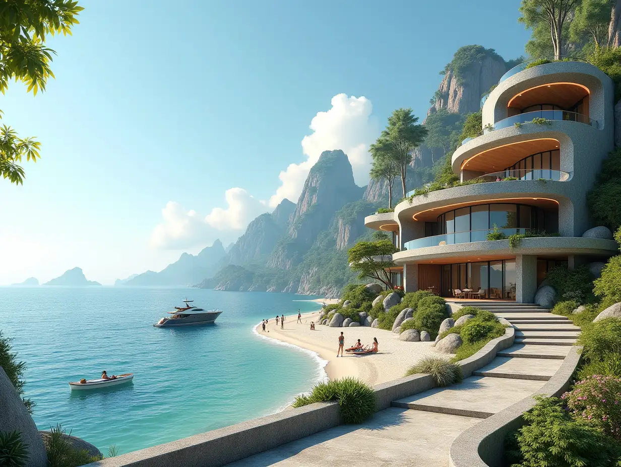 Create a high-resolution, realistic panorama image of a futuristic terrace building steps to the sea with snail house windows with yacht and a small boat a beach with people many plants and gray and brown facades with big trees, blue sky