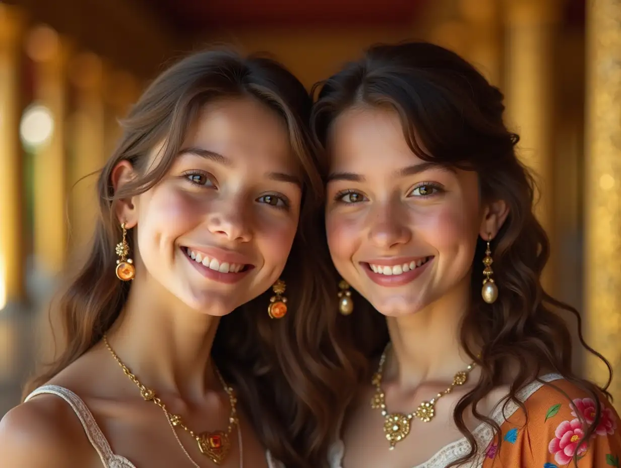 Two young girls, with brown hair, with a light smile on their face, accentuating their smiles, wearing modern retro jewelry, in a temple with much gold in various shades  4k quality