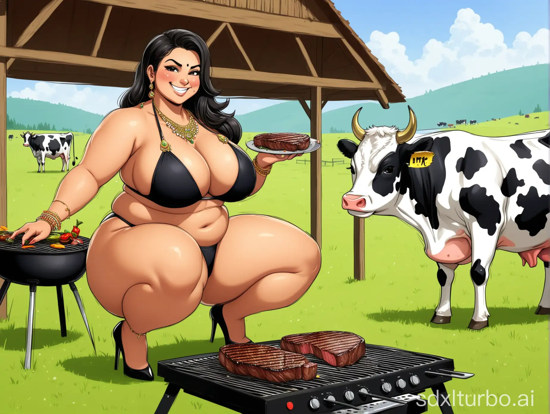 Indian-Woman-Cooking-Steak-on-Farm-with-Grazing-Cows