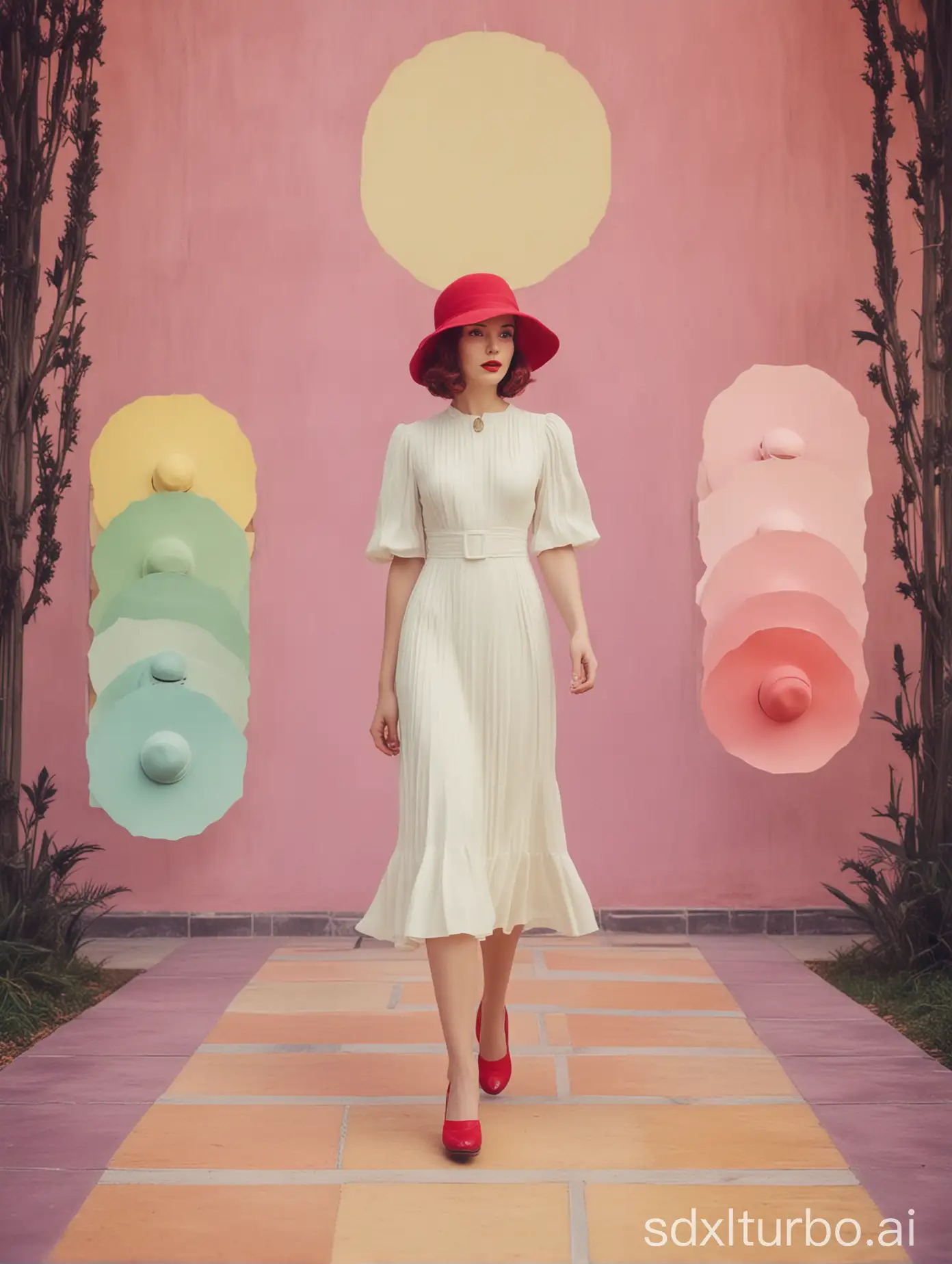 Elegant-Lady-in-White-Dress-and-Red-Hat-Strolls-Through-Pastel-Wonderland