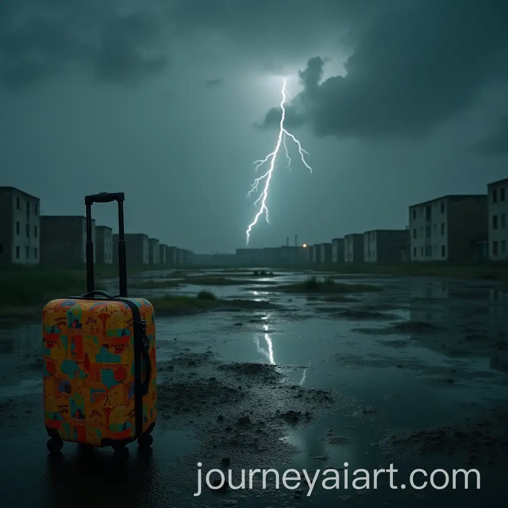 Colorful-Suitcase-in-Gloomy-Swampy-Plain-with-Approaching-Thunderstorm