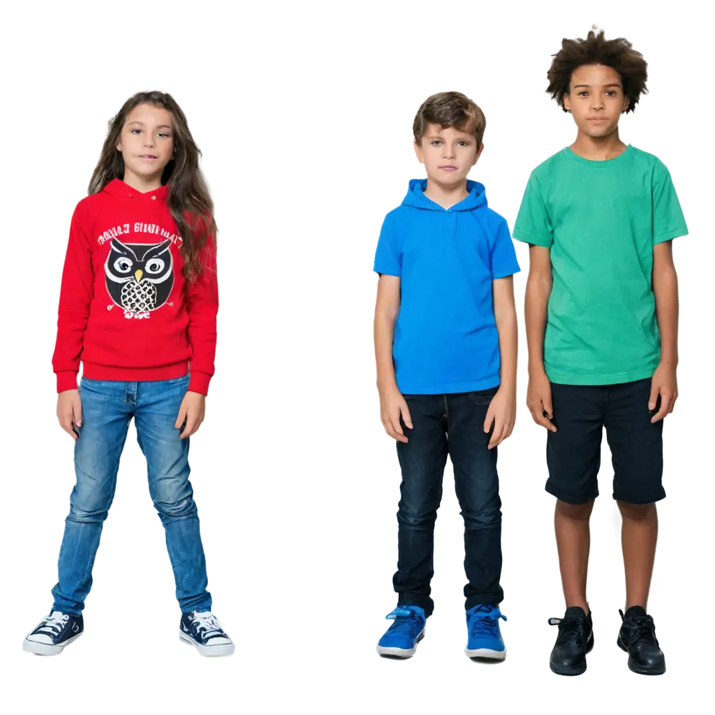 create an eight year old girl with long dark straight hair brown eyes with an expression on her face of confidence. She is wearing a red hoodie, blue jeans and sneakers. Standing on one side of her is a boy about the same height as the girl,  with dark skin and curly dark hair wearing a green striped shirt, brown long pants and brown shoes. Between these two children create a younger boy who is a bit shorter with blond hair and blue eyes wearing a blue tshirt and jean shorts and sneaker.   they are all standing in front of a two story white house with windows that all are dark except a light on in the single attic window at the top include a chimney and a silhouette of a flying owl. This is for a cover of a book so put the title The Mystery in the Attic at the top