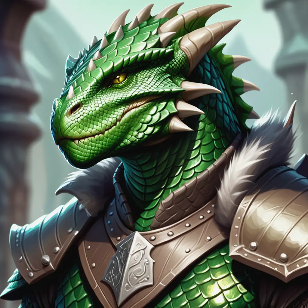 Dragonborn, metallic green scales, bald, male, lizardfolk, fur clothing, close up, d&d, highly detailed, digital painting, artstation, sharp focus, fantasy art, character art, illustration, 8k, art by artgerm and greg rutkowski