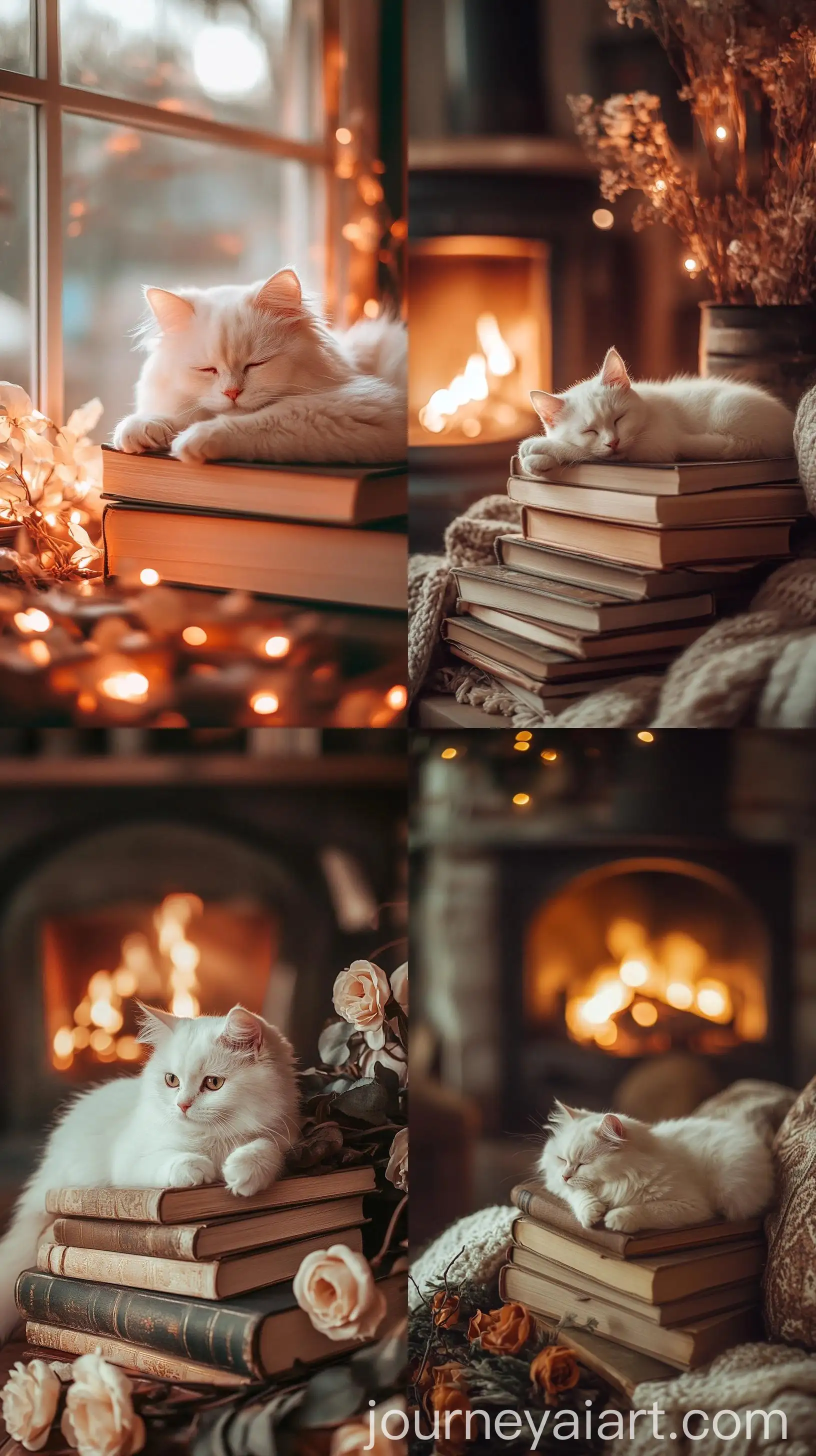 Cozy-Indoor-Scene-with-Books-Roses-and-a-Kitten-by-the-Fireplace