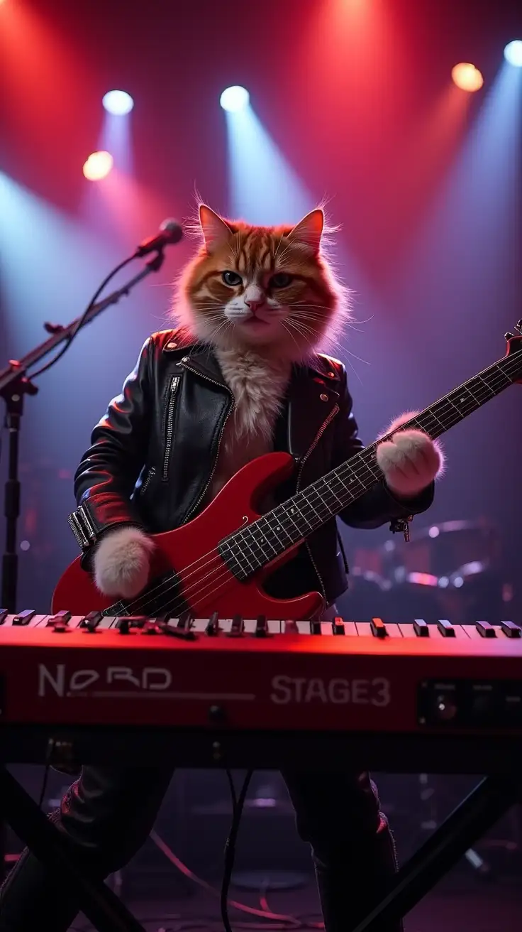 Charismatic-Rockstar-Cat-Performing-on-Stage-with-a-Bright-Red-Keyboard