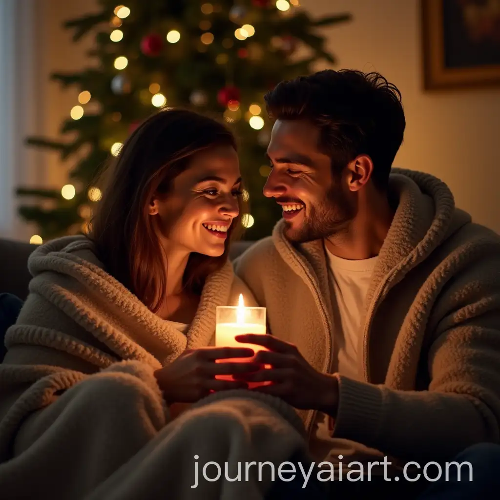 Happy-Couple-Sitting-on-Sofa-with-Christmas-Tree-and-Candle