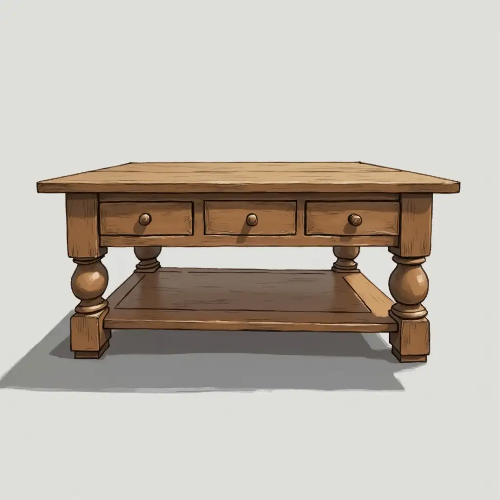 A medium-brown wooden coffee table is presented against a gray background.  The table is rectangular and features three drawers, evenly spaced across its top surface.  Each drawer has a small, round knob.    The table's legs are substantial, with rounded, turned posts. A shelf, or second level, is visible beneath the tabletop.  The table's construction is solid and suggests a rustic or traditional style.  The lighting is even, casting no significant shadows, ensuring the table is well-illuminated and clearly displayed.The artwork is masterfully rendered in a unique blend of semi-realism illustration, , utilizing encaustic mixed media that combines bold, expressive pen strokes and intricate, edgy, gritty hand-drawn ink styles characterized by clean lines, delicate patterns, and ultra-expressive textures. Gray background with a shadow cast on the ground