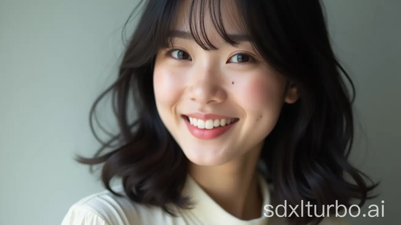 beautiful korean girl, age 25, black hair, beautiful smile, beauty freckle under eye