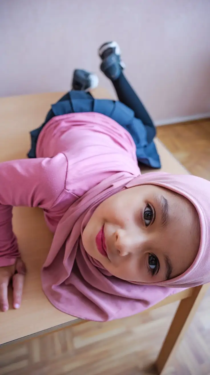 14YearOld-Girl-in-Pink-Top-and-Hijab-Relaxing-on-Wooden-Table