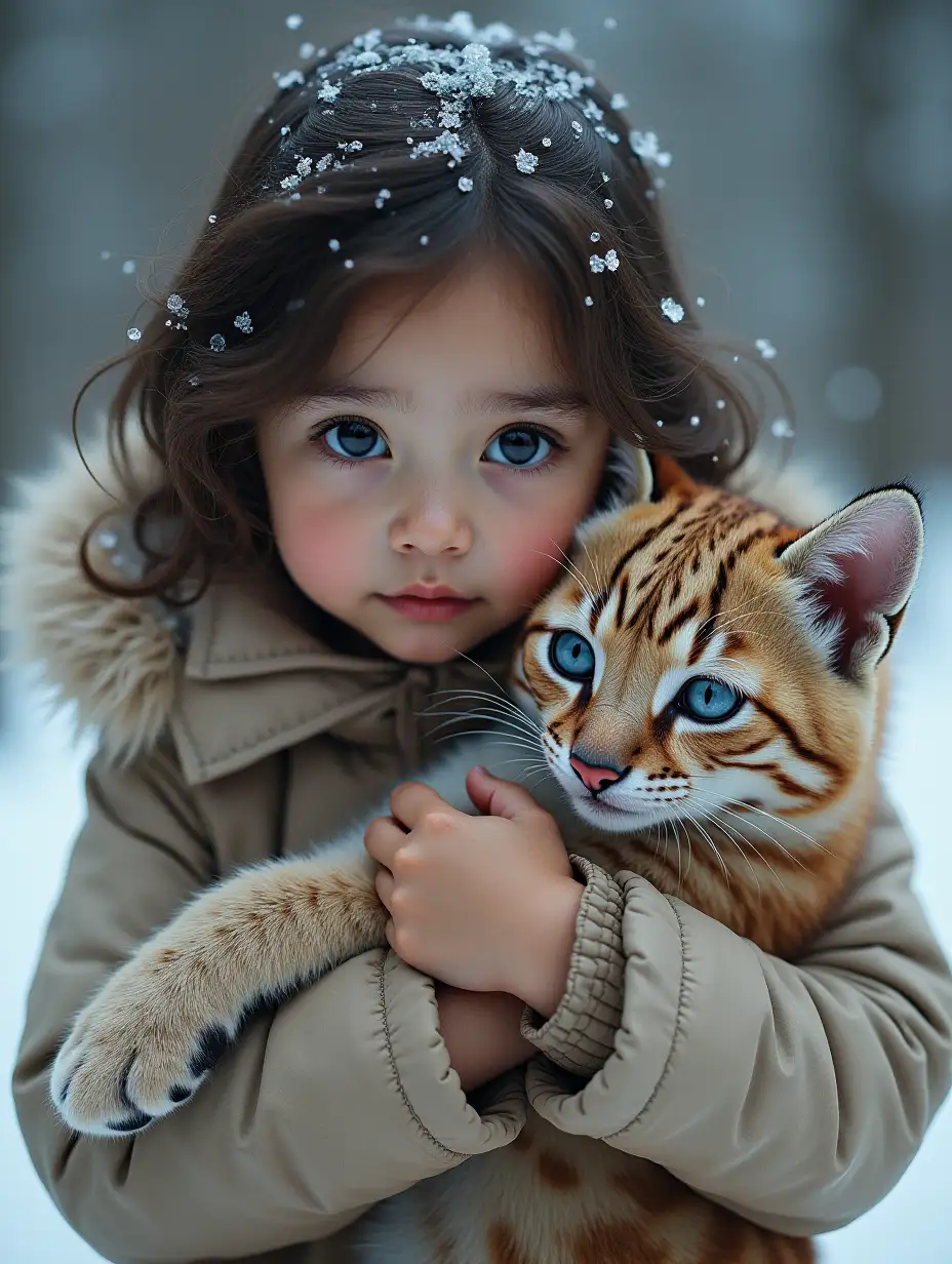 Sweet indonesian baby girl holding big cat in snow, photorealistic picture, tumblr, fantasy, intense blue eyes, avatar, photo, karol bak uhd, brown hair and big eyes, (beautiful eyes), photo of beautiful, crystal blue eyes