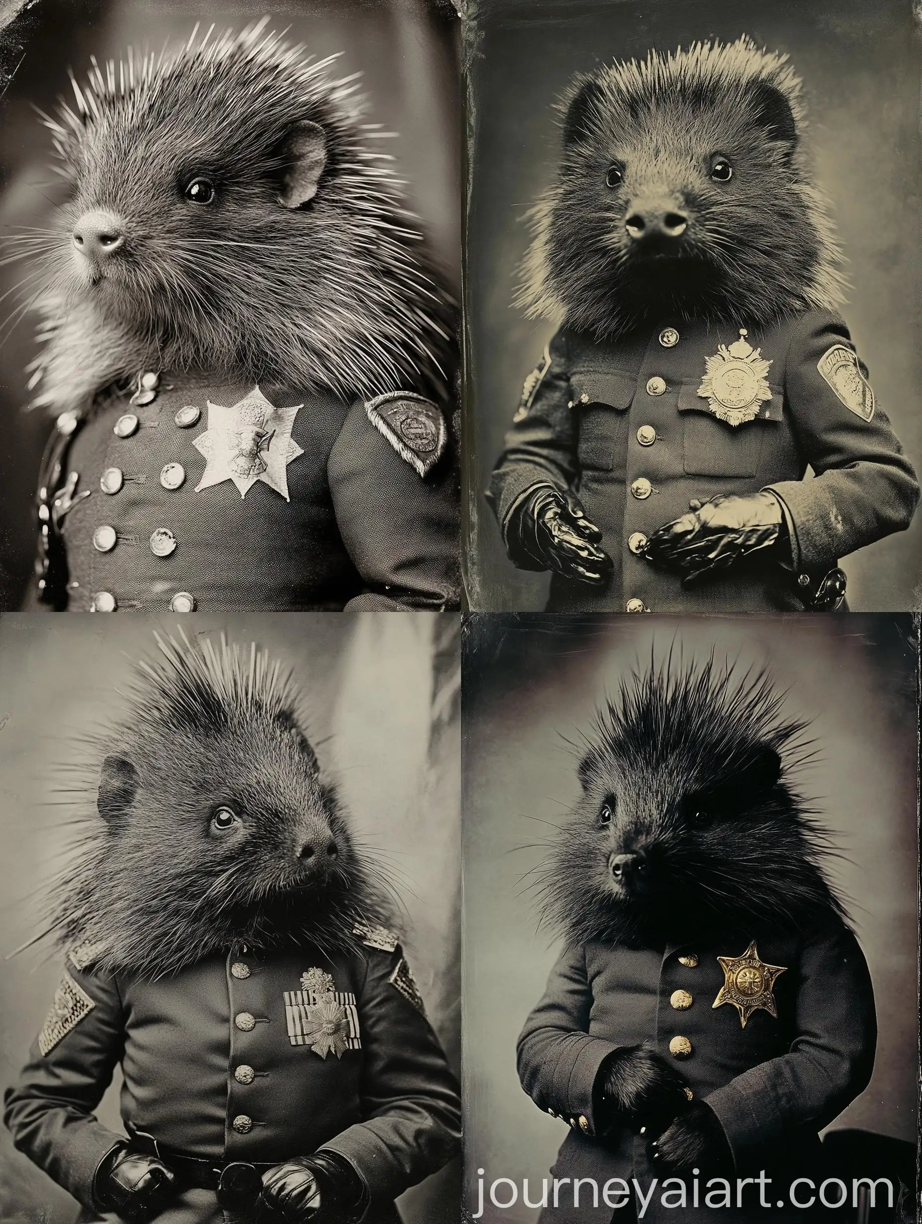 Photorealistic-Daguerreotype-of-Plump-Porcupine-in-Grey-Police-Suit-with-Golden-Epaulettes