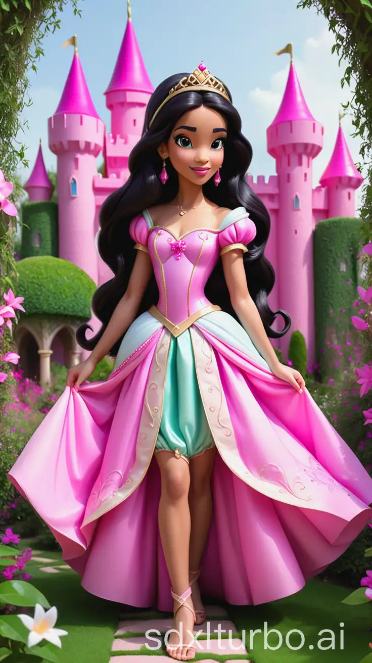 Jasmine Princess in the garden with a pink castle background and hair down to her knees long