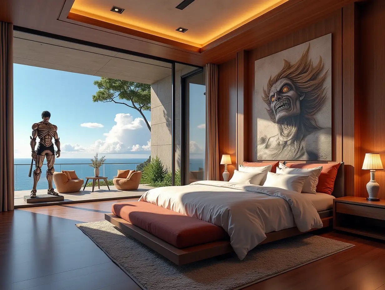 a very large modern bedroom with a statue of attack on titan 180 degree panoramic shots 8K resolution Vibrant colors