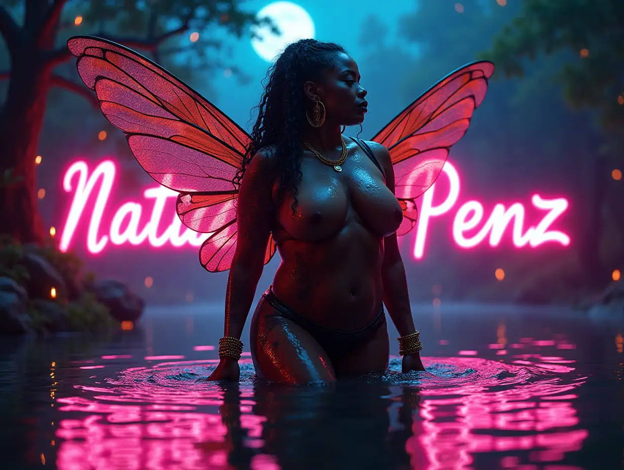 BBW-African-AmericanAI-Image-Prompt-Expansion-Fairy-Emerging-from-Enchanted-Lake-in-NeonLit-Urban-Fantasy-Scene