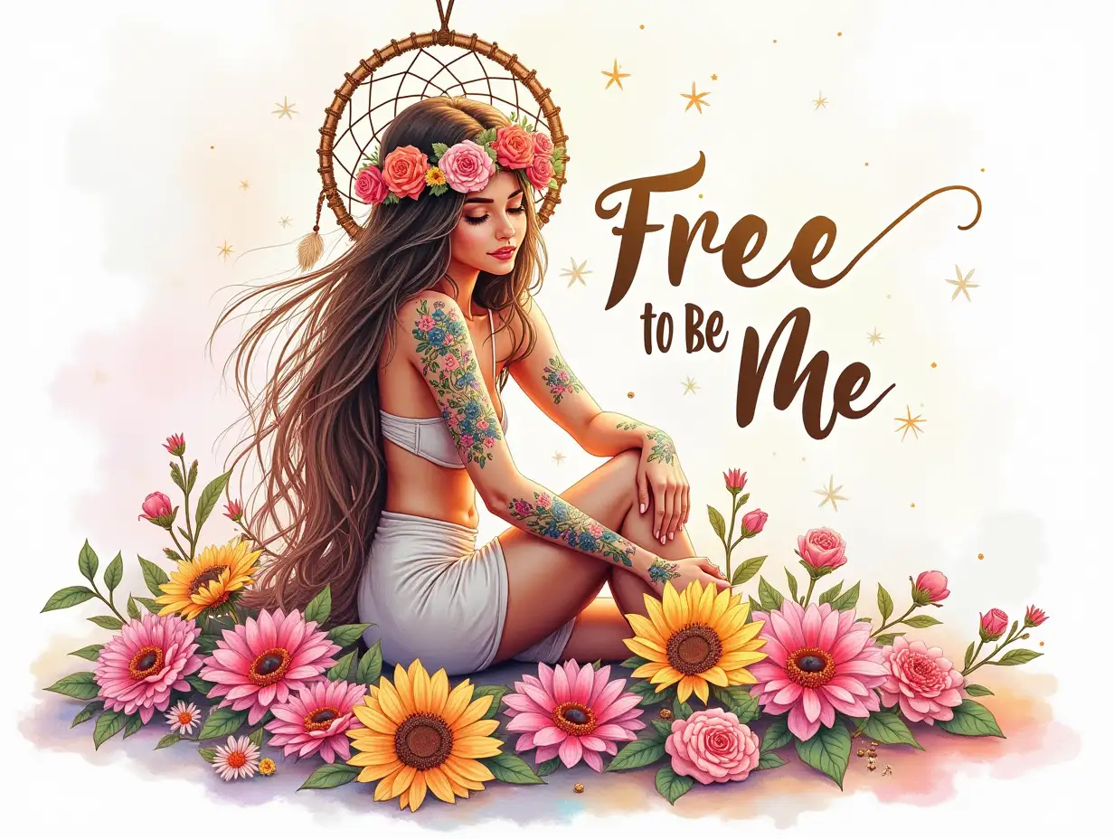 Vector-style, Watercolor Art. A vibrant and colorful illustration depicting a young woman seated in a serene pose, surrounded by a rich tapestry of blooming flowers such as sunflowers, pink daisies, and roses. Her long, flowing hair adorned with a crown of assorted flowers conveys a sense of harmony with nature. The woman's skin is embellished with intricate, colorful tattoos featuring floral designs. A prominent dreamcatcher hangs behind her, shimmering with iridescent details. The background features a soft, gradient blending of pastel colors, with splashes of glittering accents reminiscent of a festival atmosphere. The central text reads 'Free to Be Me,' in bold, artistic lettering, surrounded by flowing decorative elements. The overall aesthetic is hyperrealistic with a touch of bohemian charm, exuding a sense of freedom, empowerment, and connection to nature.