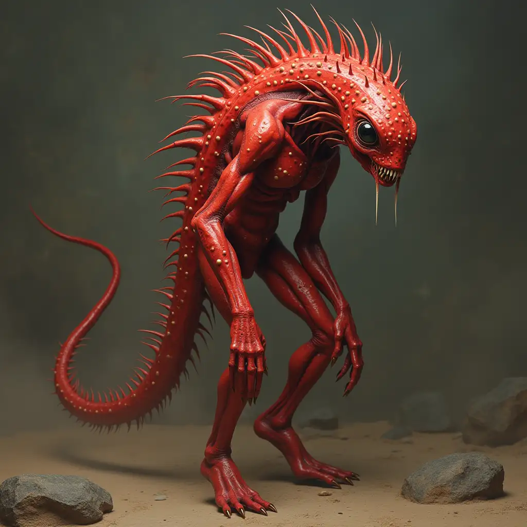 Alien woman red skin with white spots long legs porcupine hair