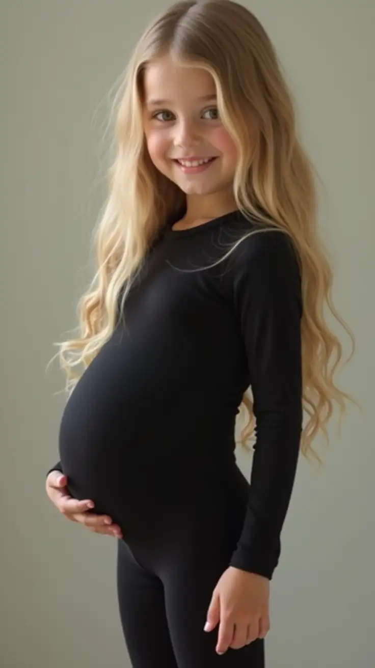 Pregnant-Young-Woman-in-Black-Catsuit-at-Preschool