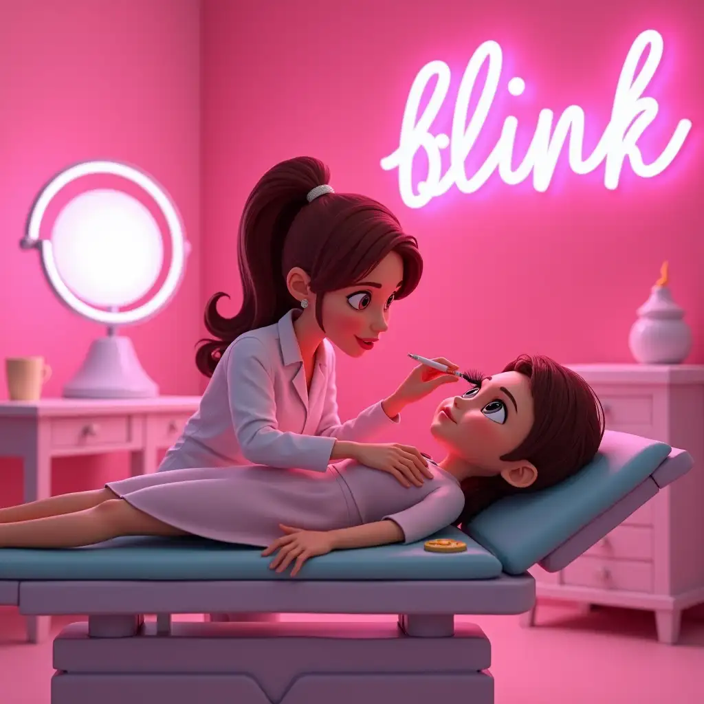 lashista placing eyelashes on a girl lying on an operating table behind her a neon sign with a text that says blink lashes in a pink studio with a ring lamp and white furniture style Disney Pixar 3d