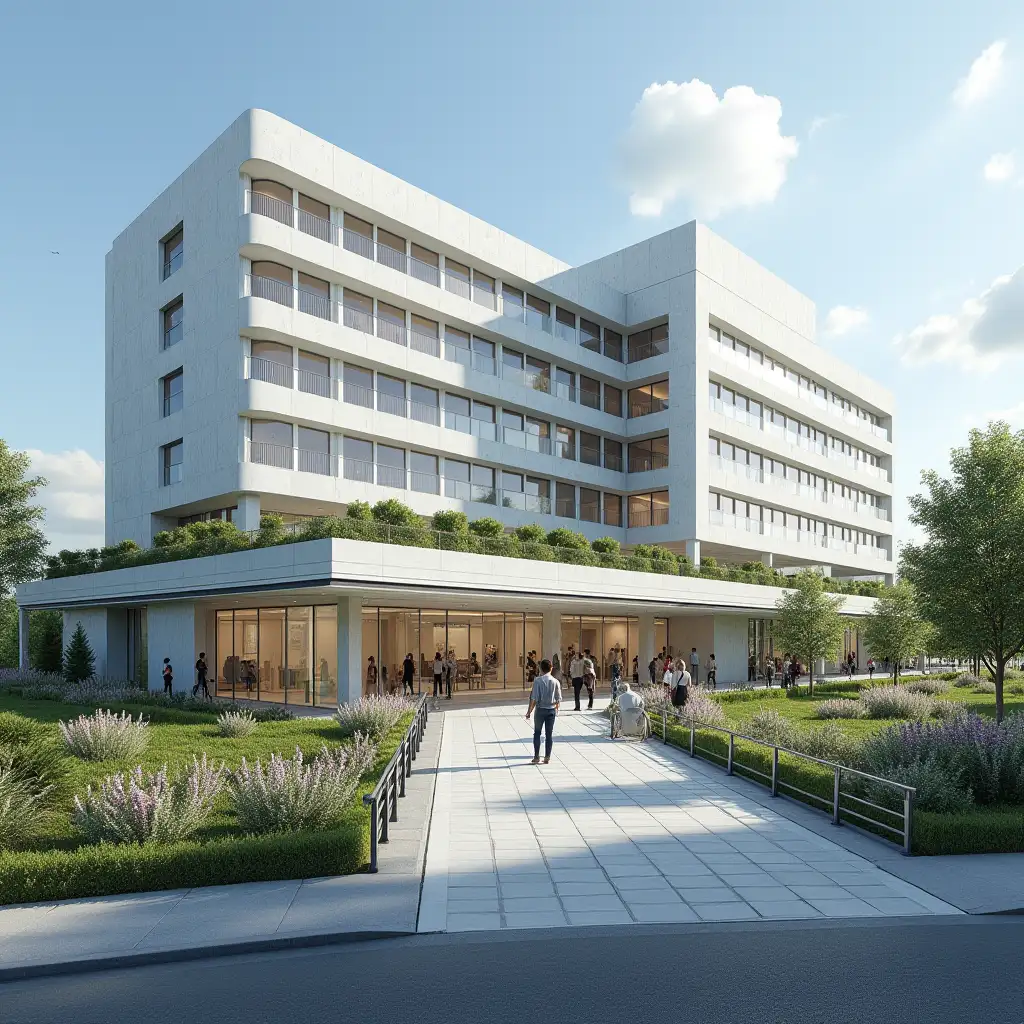 A modern hospital building designed for optimal performance and safety, featuring an accessible entrance with ramps. The design includes large windows for natural light, an appealing and harmonious facade that instills a sense of calm and trust in patients. The structure uses aluminum composite materials and incorporates green spaces and therapeutic gardens to enhance the well-being of visitors