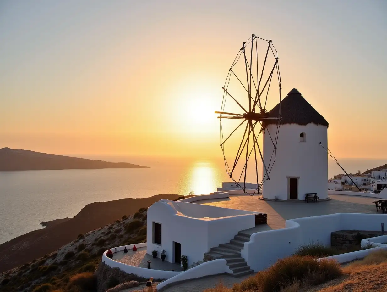 famous windmill of Mykonos island and The Town over seascape with sunset sun, Mykonos island, Greece