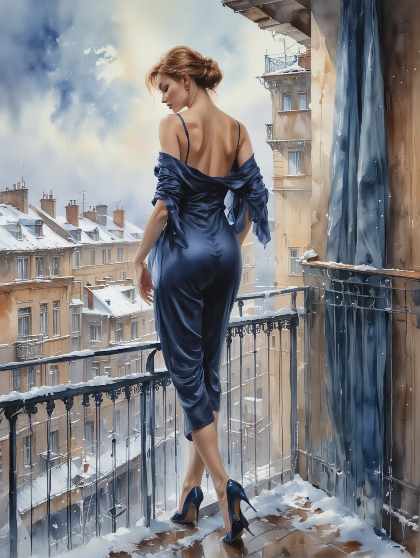 Slim-52YearOld-Russian-Woman-in-Dark-Blue-Silk-Trousers-on-Balcony-During-Snowstorm