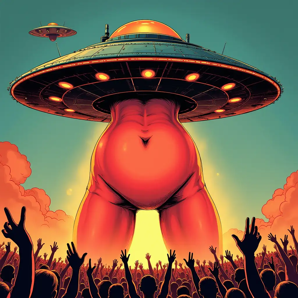 Comic-UFO with extremely dominant depicted underbelly in a medically anatomical similar ass form, two stylized distinctly flesh-colored buttocks, glowing structure in red and orange. Top side classic saucer with rivets, antennae and light. Below festival scene with metal fans doing the 'Heavy Metal' hand sign. Comic style, absurd exaggeration, bright colors in the style of MAD or Heavy-Metal artworks.