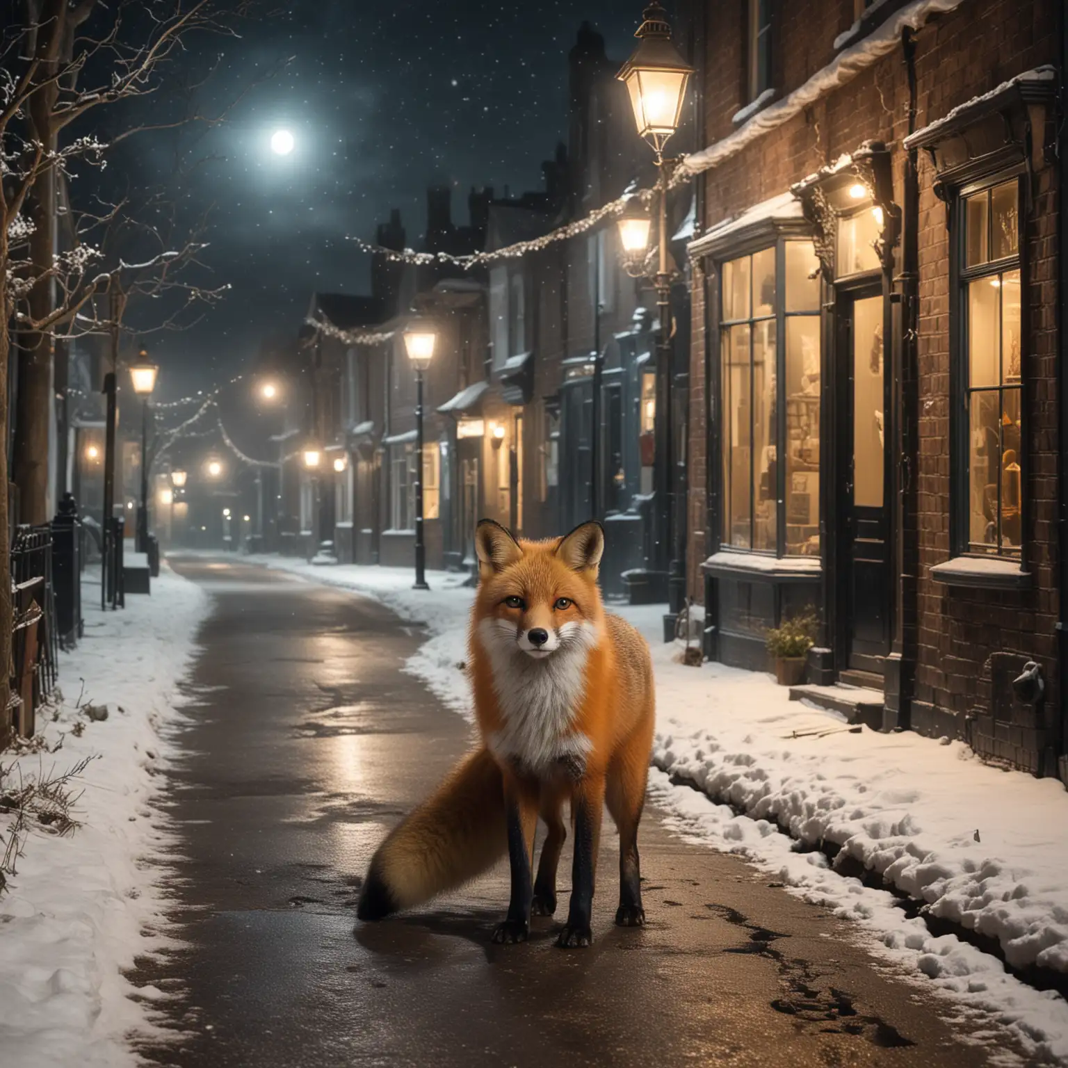 Vintage Fox on Victorian Street Night Scene in Winter