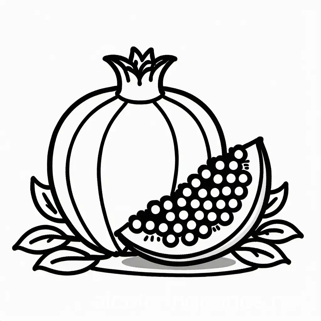 DRAWING OF POMEGRANATE FRUIT, WHITE PAGE, NO COLOR FILLING, NO GREY FILLING, WHITE PAGE, HIGH QUALITY, LINE ART, Coloring Page, black and white, line art, white background, Simplicity, Ample White Space. The background of the coloring page is plain white to make it easy for young children to color within the lines. The outlines of all the subjects are easy to distinguish, making it simple for kids to color without too much difficulty