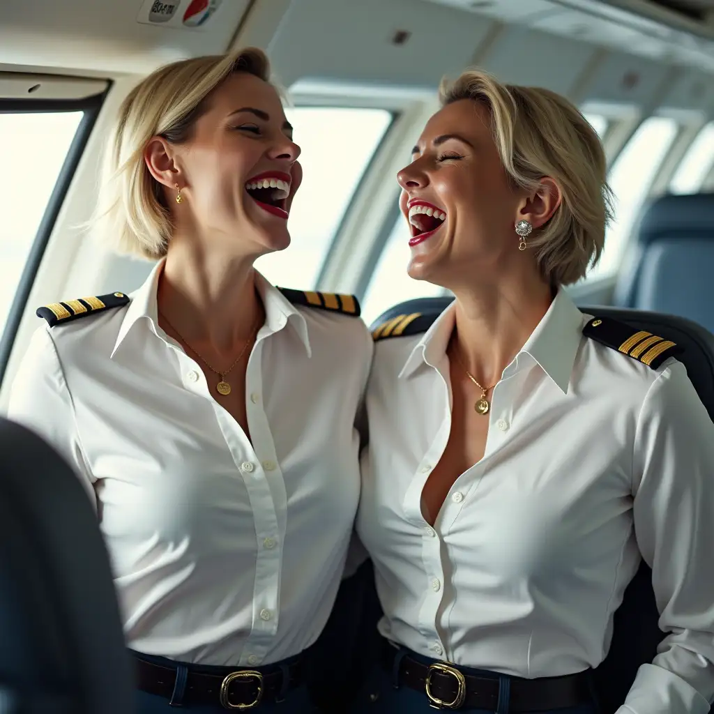 two white Norwegian lady, in white deep-necked pilot uniform button shirt, laughing with her mouth open, red lipstick accentuating her smile,belt on waist, big wide hips, chest are fully grown, jewelry, short hair, HD, screaming at plane, photo-realism