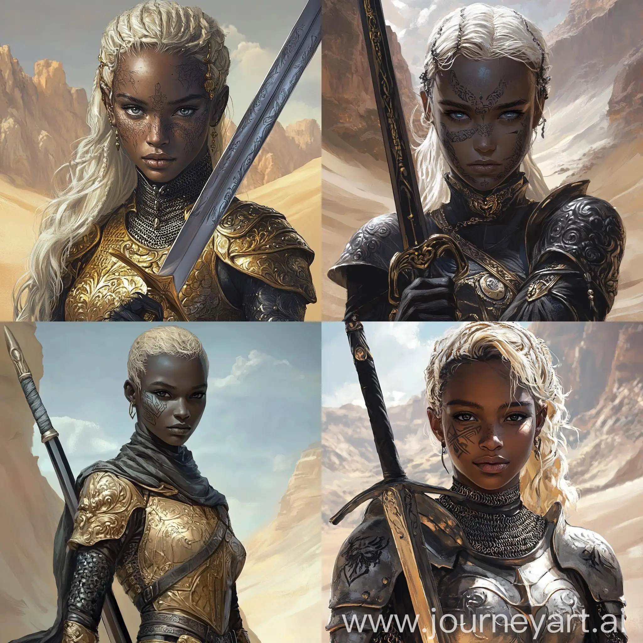 Fantasy-Swordswoman-in-StoneLike-Armor-amid-Sandy-Mountains