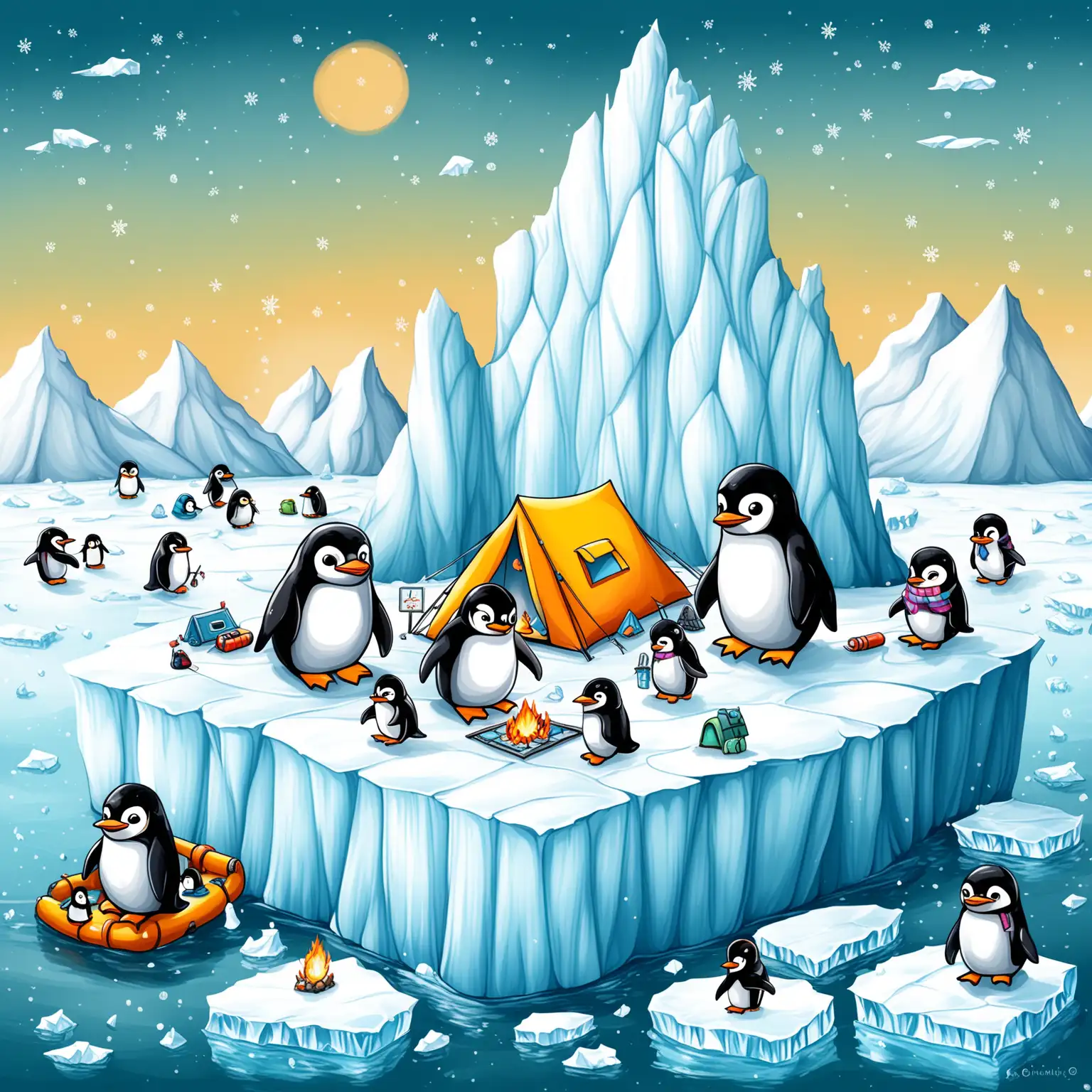 Whimsical Chibi Penguins Camping on Iceberg