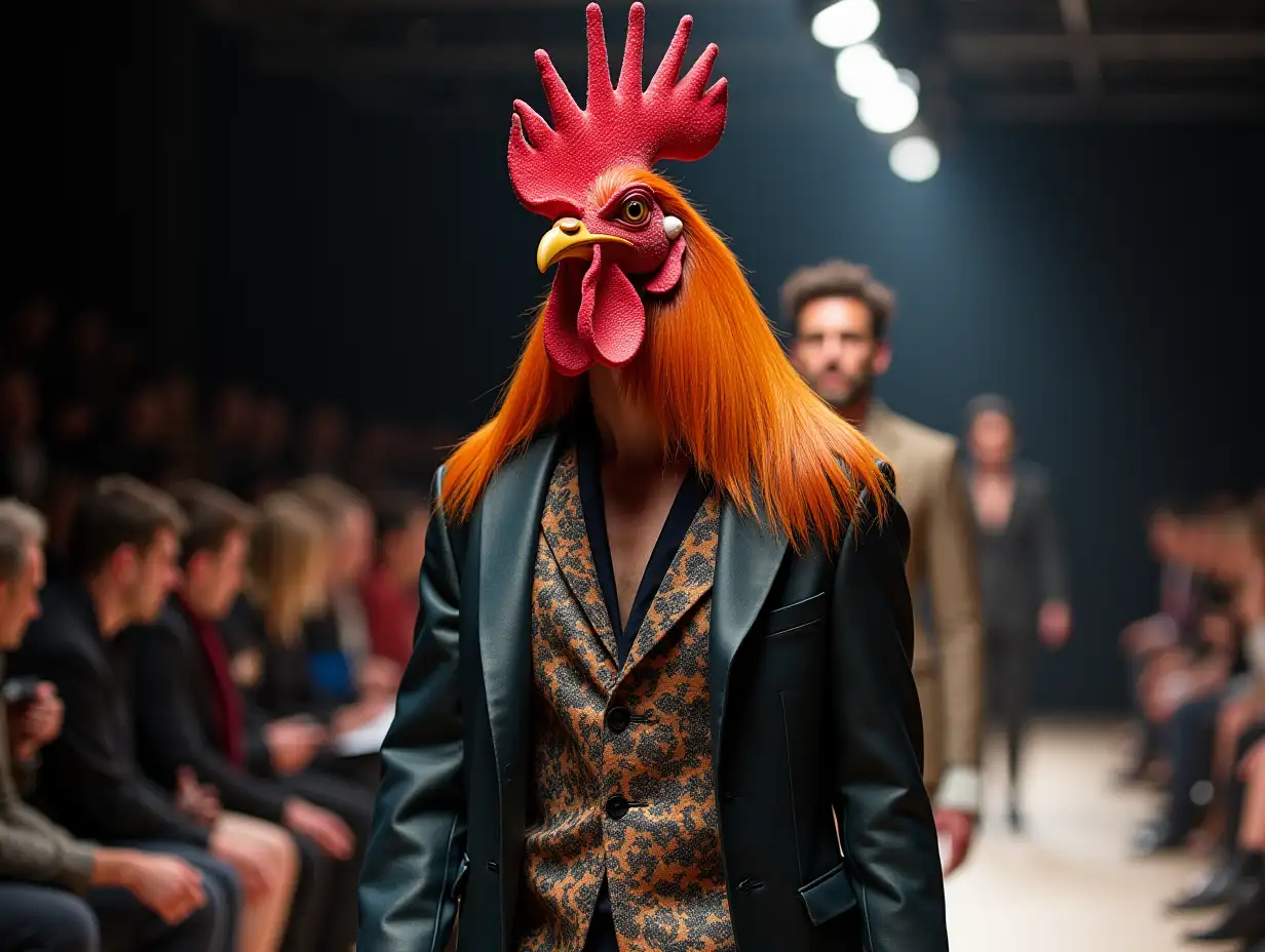 Ki fantasy a mixture of man with rooster head with fashion design at a fashion show