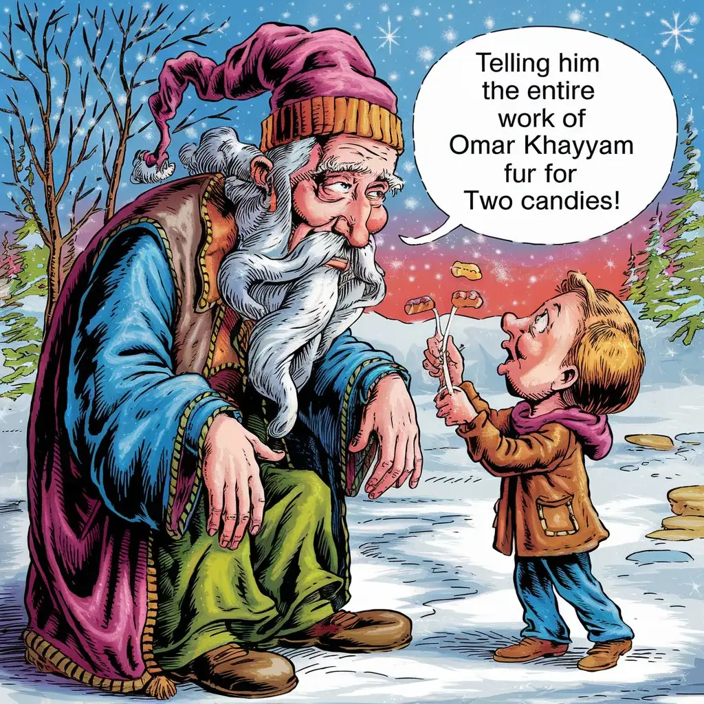 Arkasha's Grandfather Frost is broken and exhausted, and the boy tells him the entire work of Omar Khayyam for two candies. A colorful, detailed, and humorous illustration with clear contours, complex, caricature, and surrealism
