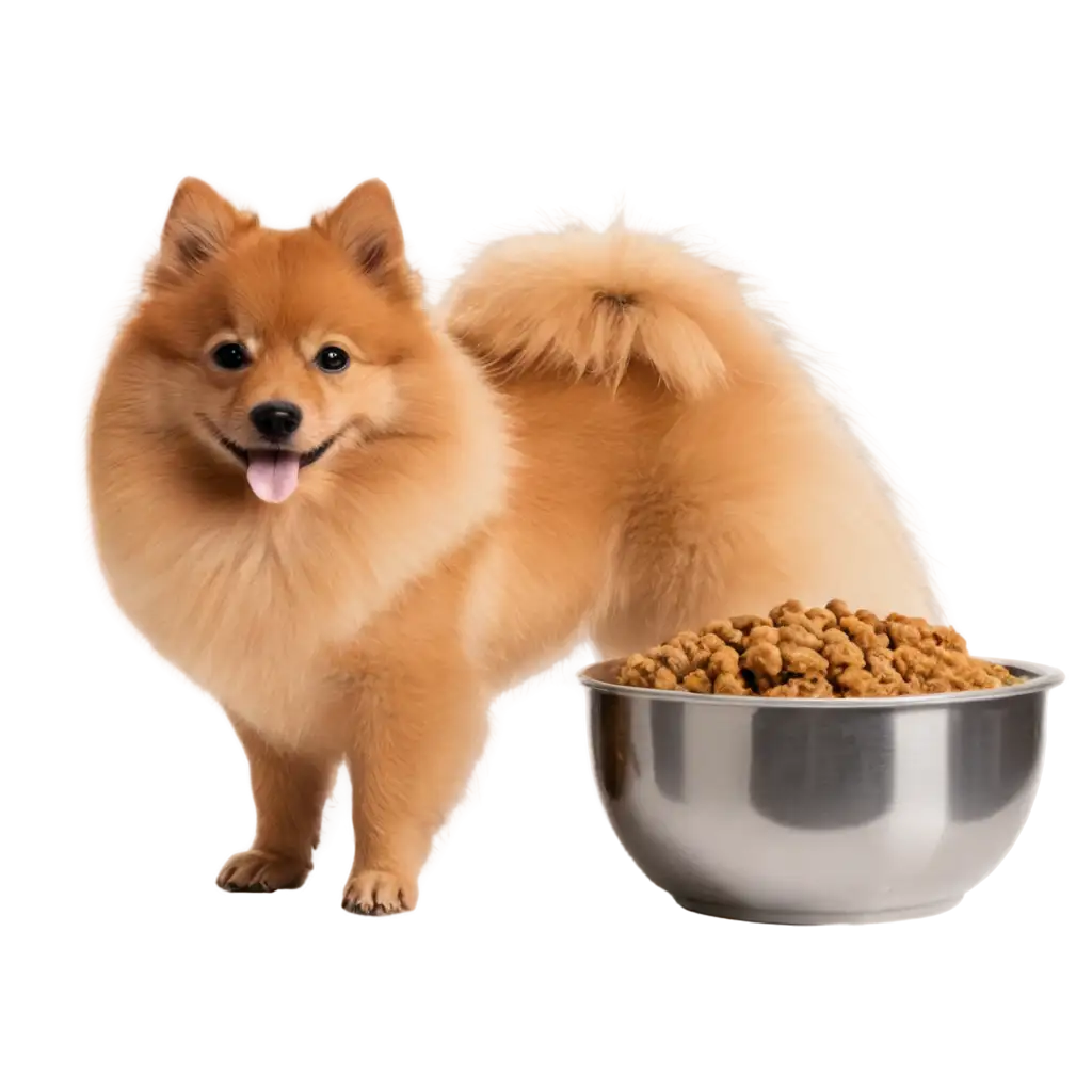 Vibrant-PNG-Image-of-an-Orange-German-Spitz-Gazing-at-Its-Food-Bowl