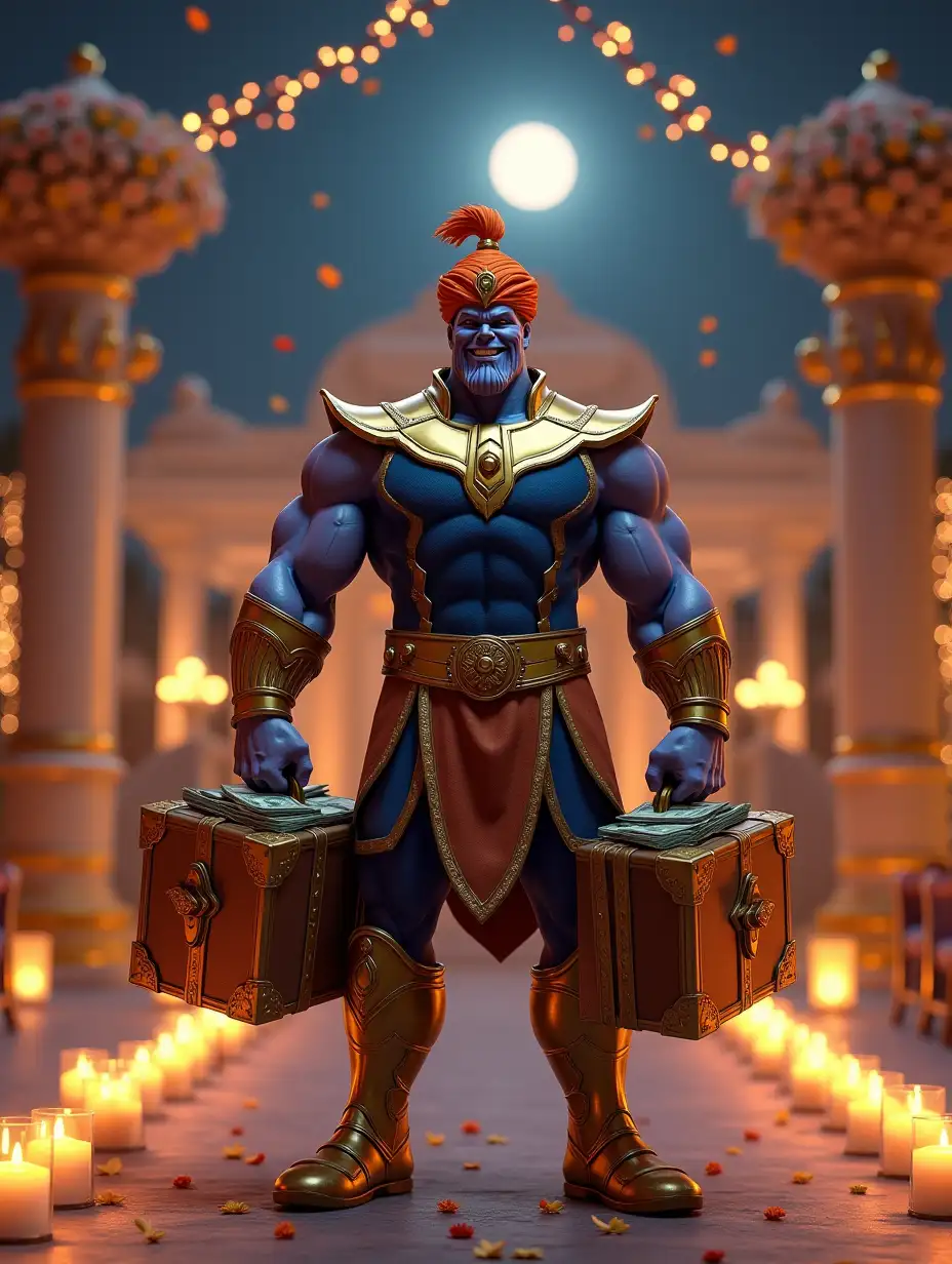 A highly detailed, ultra-realistic 3D-rendered image in stunning 4K of Thanos, standing with a confident grin, holding two suitcases filled with stacks of cash. His powerful, muscular build is adorned with a fusion of his signature golden armor and traditional royal attire. He wears a majestic orange and gold turban with a jewel in the center, symbolizing his dominance and wealth. The background features a grand, luxurious wedding venue with extravagant floral decorations, glowing fairy lights, and rich drapery. The night sky is illuminated by a full moon, casting a soft glow over the scene. The pathway is lined with candles and flower petals, leading to a magnificently decorated mansion.