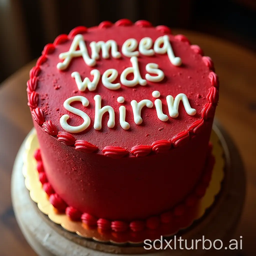 Red velvet wedding cake with words on it spelling 'Ameeq weds Shirin', food photography, realistic, dynamic shot