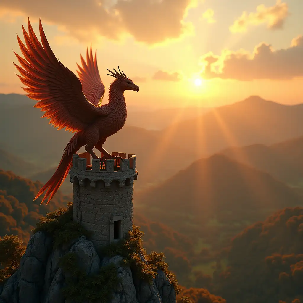 A majestic griffin perched atop a crumbling castle overlooking a vibrant valley bathed in the golden light of a setting sun, hyperrealistic, artstation, octane render, 8k