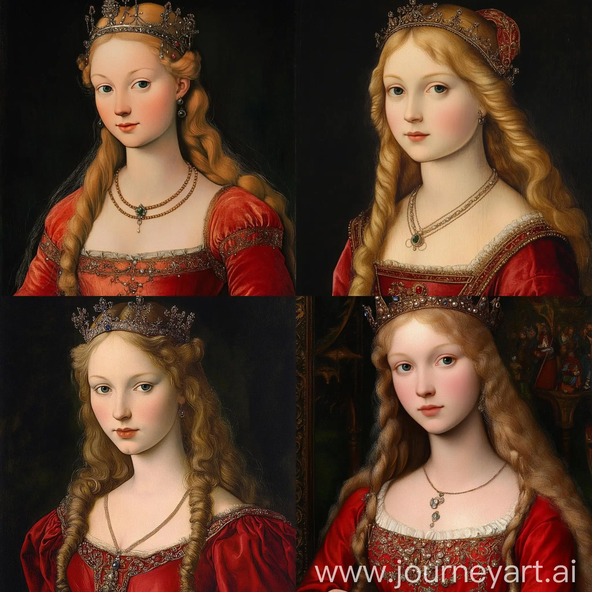 Portrait-of-a-16th-Century-Noblewoman-with-Blonde-Hair-and-Red-Silk-Gown