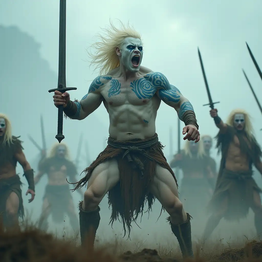 A wild Celtic warrior mid-duel challenge, taller than the enemy, ghost white skin, naked, swinging a sword in wide arcs, shouting into the battlefield mist. tall, muscular Celtic warrior with bleached blond shaggy hair, pale skin, huge bulging muscles, fierce blue eyes, lime-washed hair spiked back like a horse’s mane. Tattooed with blue spirals. terrifying. warp spasm. Insane violent aggression. Dark and mystical. Other warriors chant and beat weapons behind him. Dynamic movement, aggressive energy, gritty atmosphere.