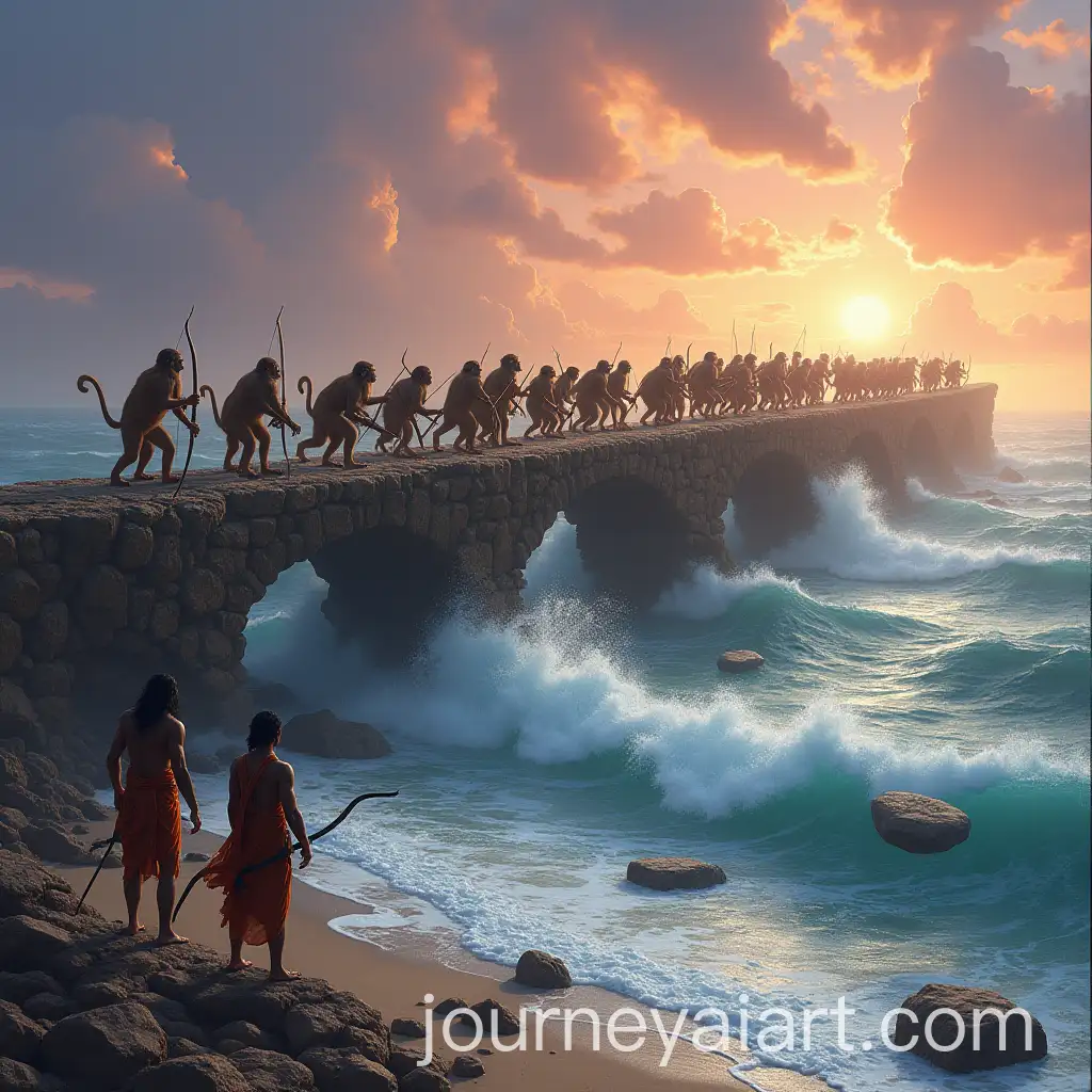 Vanaras-Building-a-Stone-Bridge-Across-the-Ocean-with-Rama-and-Lakshmana-Overseeing-the-Construction