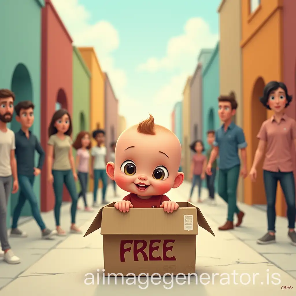 In a colored alleyway in cartoon style (simple buildings, soft textures), a baby with large bright eyes is sitting in a cardboard box. The box has a label written on it in large letters: 'FREE'. The baby looks at passersby with hope. People walk by without noticing, styled in a caricatured manner (indifferent faces, distorted silhouettes).