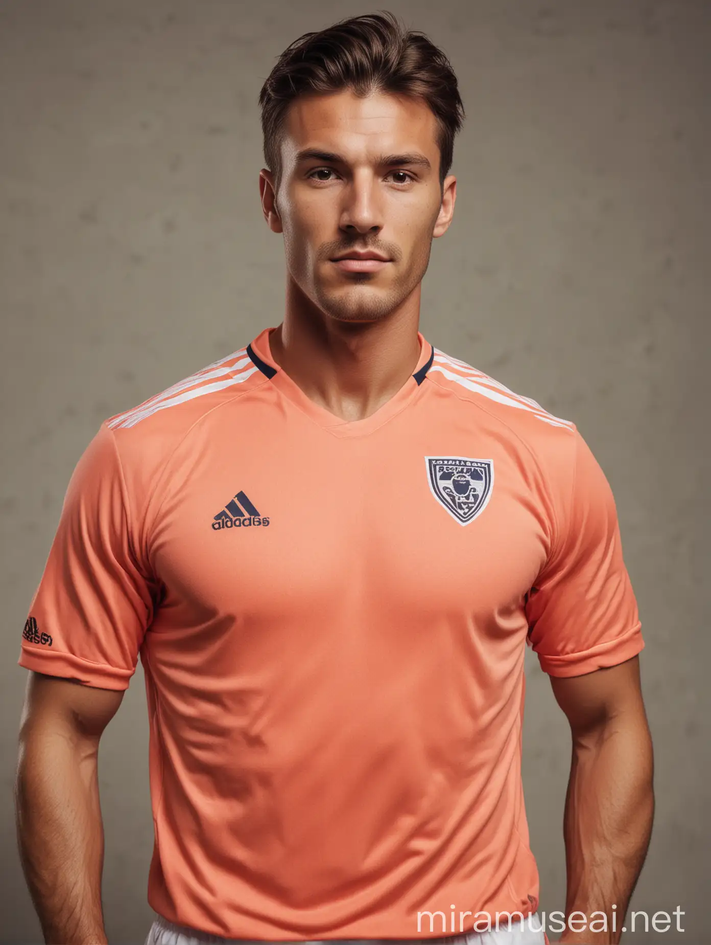 Rugged Soccer Player in Vibrant Salmon Jersey