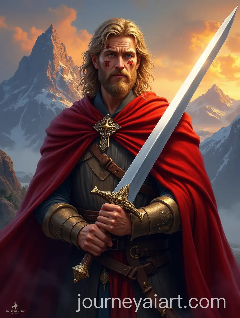 Young-Paladin-Warrior-with-TwoHanded-Sword-Against-Flames-and-Mountains