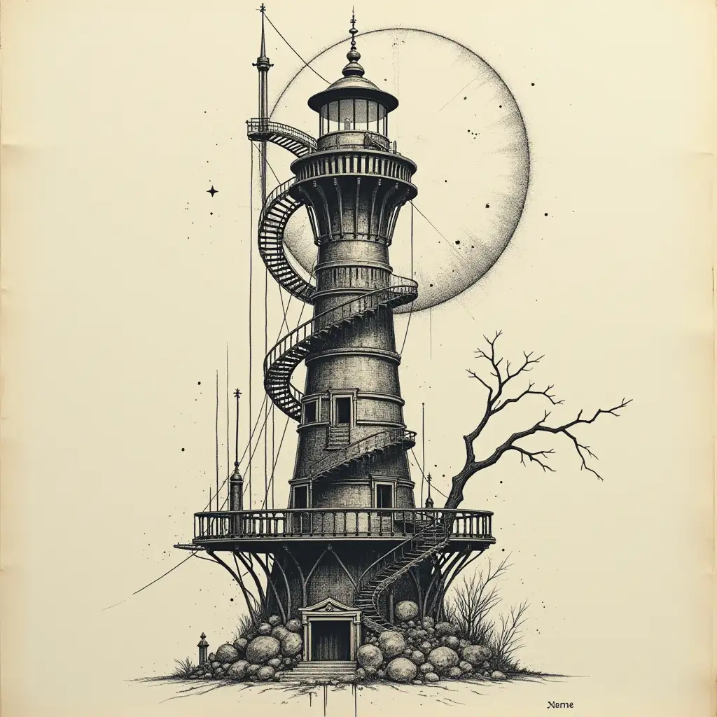 Biomechanical-Lighthouse-Tattoo-Design-in-Gigers-Style-with-Escher-Elements